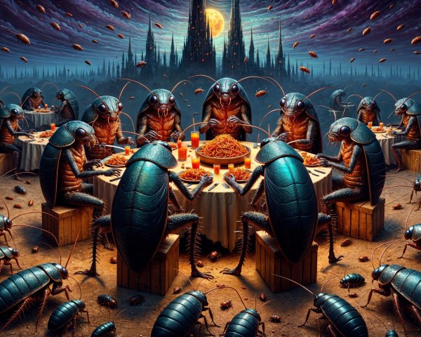 Surreal Dark Fantasy Gathering of Beetles at Tables