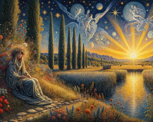 Serene Figure in Colorful Floral Landscape at Sunrise