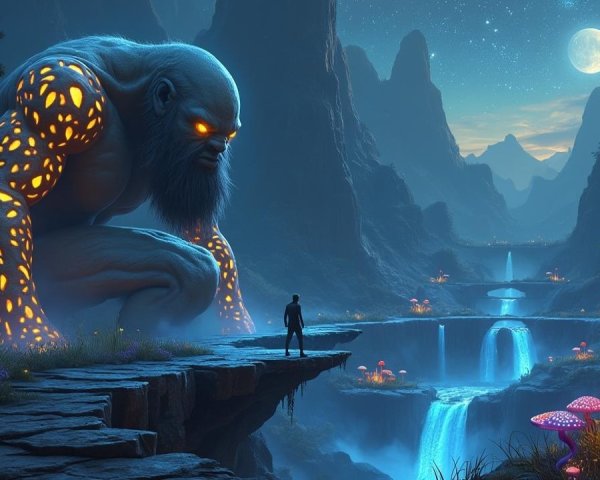 Colossal Glowing Figure in Mystical Landscape Scene