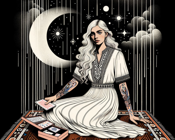 Serene Woman in White Dress Amidst Celestial Elements