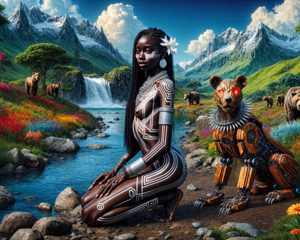 Surreal Landscape with Woman and Robotic Lion