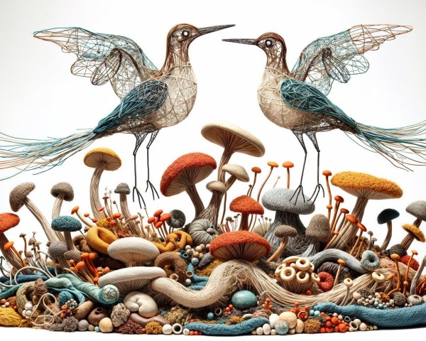Intricately Crafted Wire Birds Among Colorful Mushrooms