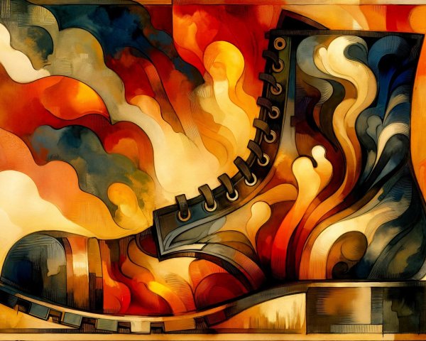 Colorful Combat Boot Surrounded by Abstract Flames