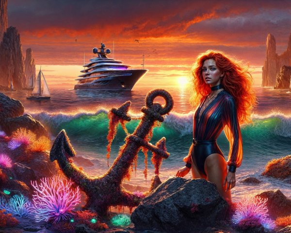 Surreal Landscape with Figure and Yacht at Sunset