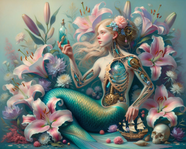 Mermaid with Steampunk Elements Among Flowers and Seashells