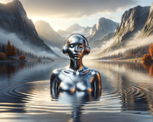 Futuristic humanoid figure in serene lake at sunrise