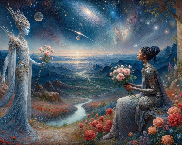 Ethereal Figure in Cosmic Landscape with Flowers and Stars