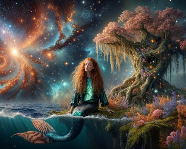 Mermaid in Tranquil Waters with Cosmic Backdrop