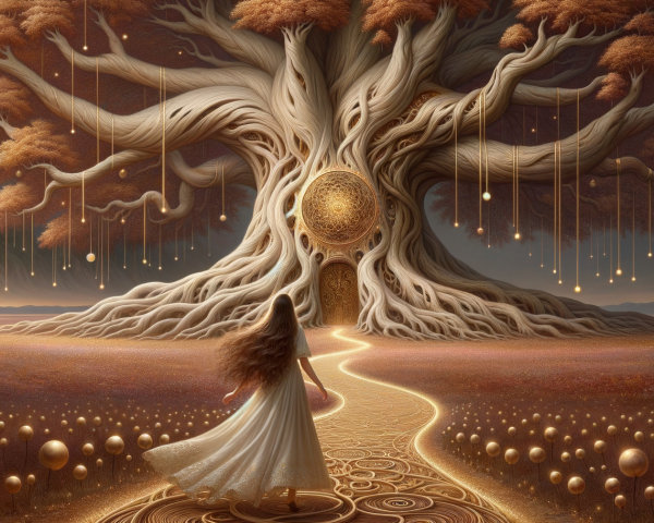 Ancient tree with glowing door in serene landscape