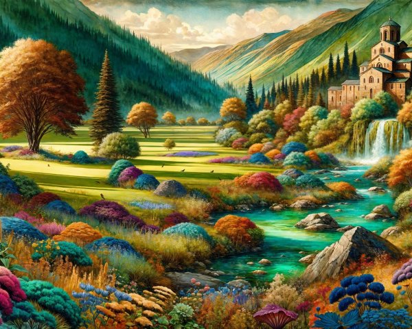 Vibrant Landscape with Hills, River, and Waterfall
