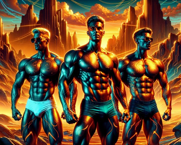 Muscular Figures in a Vibrant Surreal Landscape