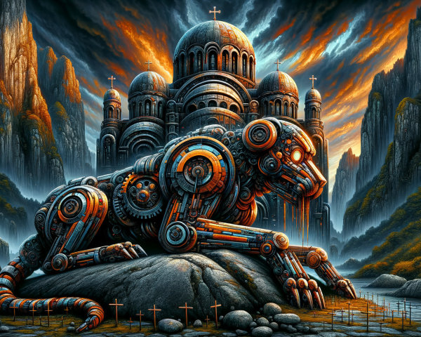 Robotic Lion on Rocky Outcrop with Cathedral Background