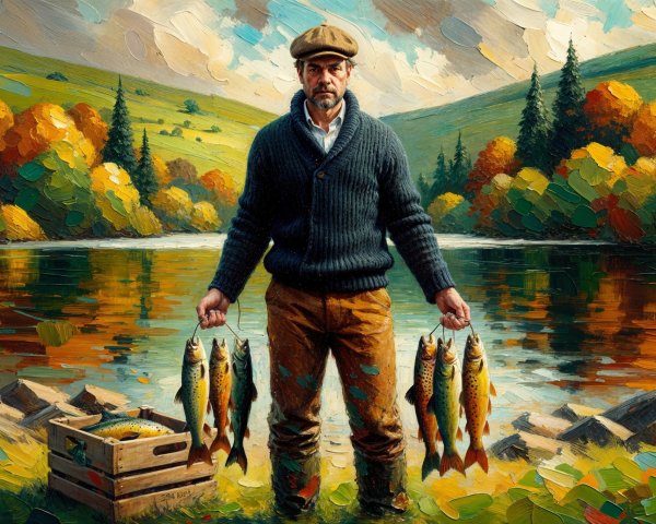 Man with fish by a serene lake in autumn setting