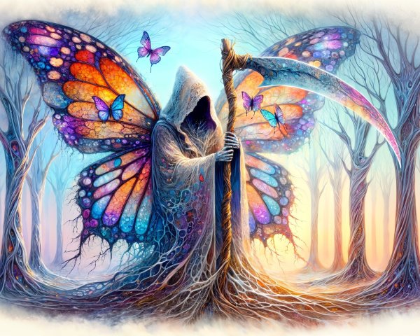 Mystical figure in dark robes with colorful wings in forest