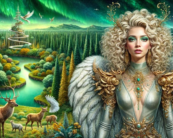 Majestic Woman in Silver Amidst Northern Lights and Nature