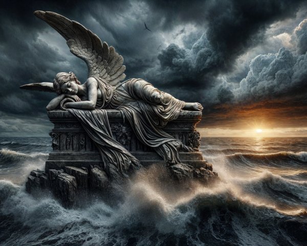 Stone Angel on Crumbling Pedestal Amidst Stormy Waves