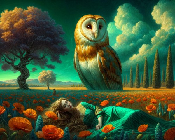 Surreal Landscape with Woman and Majestic Owl