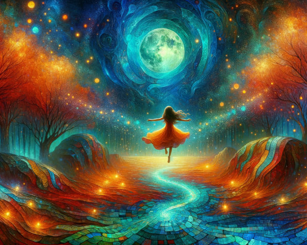 Mystical Landscape with Dancing Woman and Colorful River