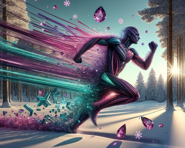 Stylized figure in vibrant colors against winter landscape