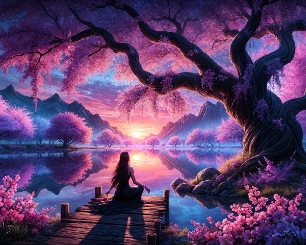 Tranquil Lake at Sunset with Blossoming Tree and Figure