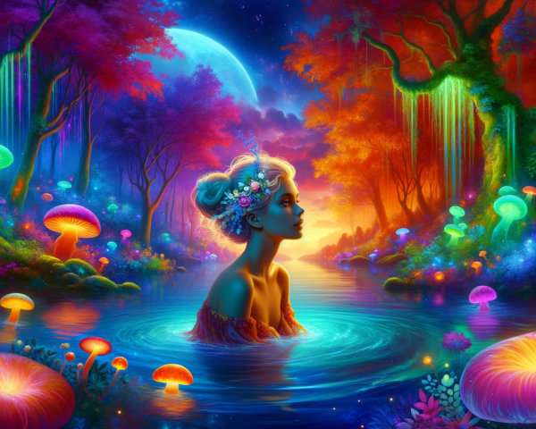 Serene figure in a magical, vibrant landscape scene