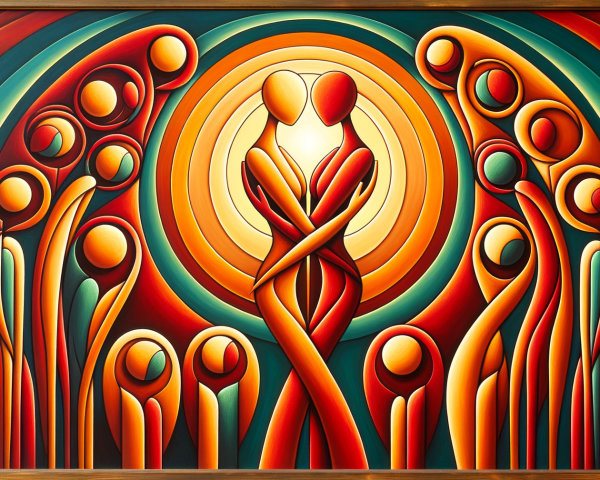 Intertwined Figures with Vibrant Silhouettes and Patterns