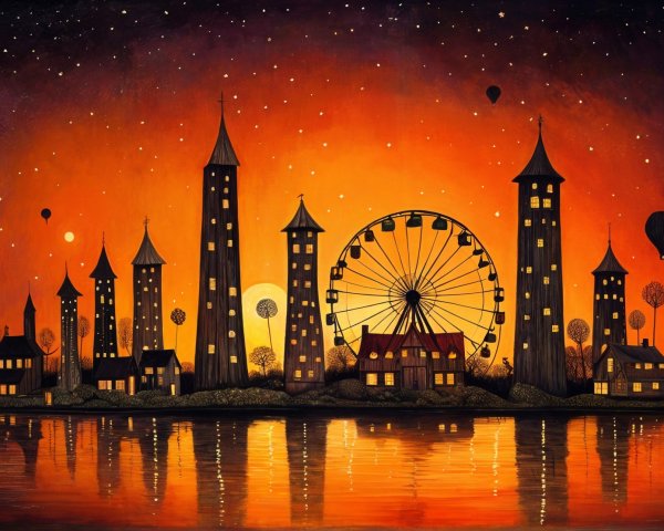 Vibrant Sunset Over Whimsical Skyline with Balloons