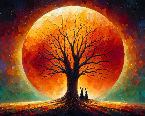 Surreal Landscape with Vibrant Sunrise and Rabbits