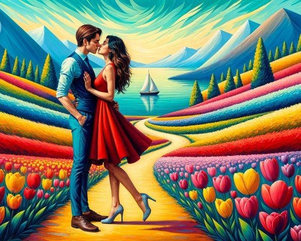 Couple Embracing in Colorful Tulip Landscape