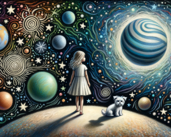 Young girl and dog on surreal planet under cosmos