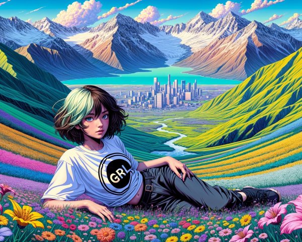 Young woman in vibrant flowers with mountains and lake