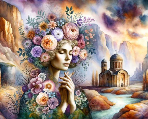 Serene Female Figure in Floral Crown and Scenic Landscape