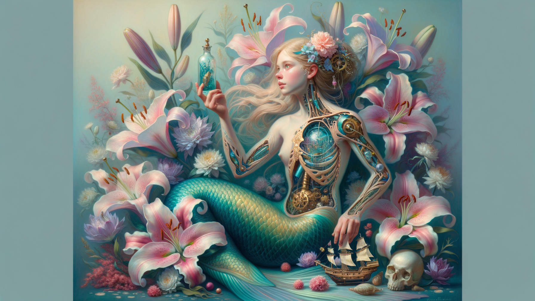 Mermaid with Steampunk Elements Among Flowers and Seashells