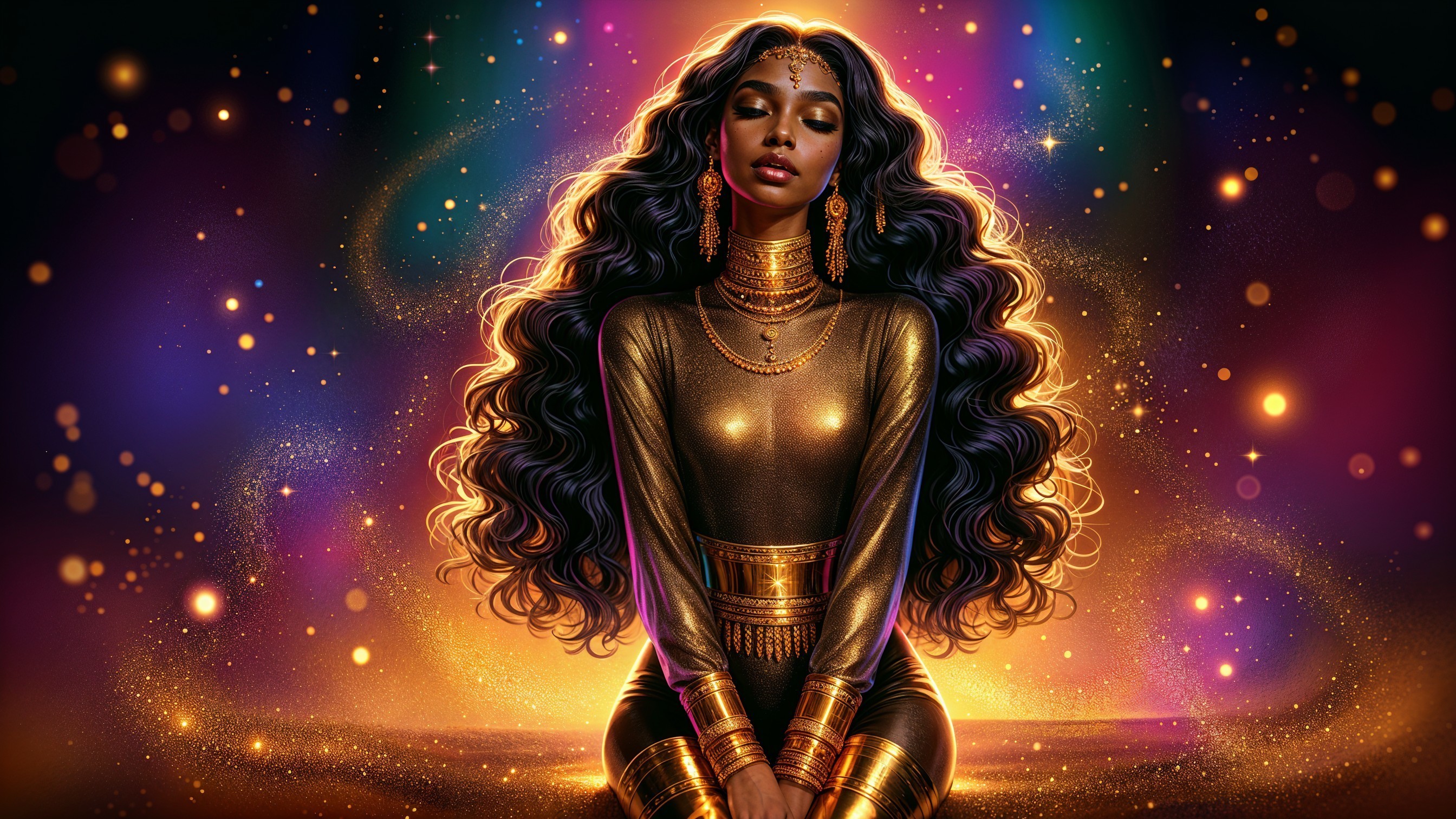 Elegant figure in gold attire with vibrant backdrop