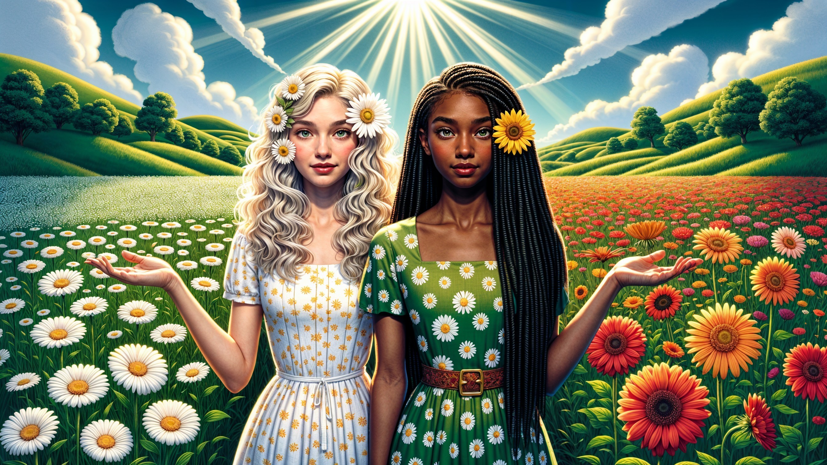 Young women in flower-filled meadow under bright sun