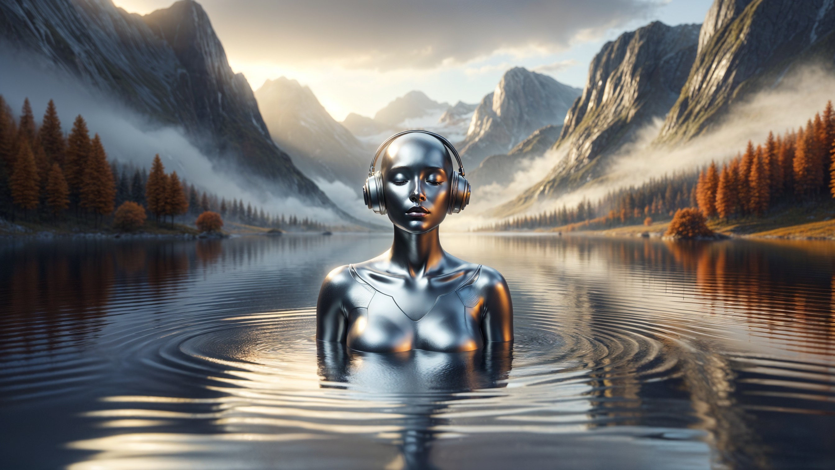 Futuristic humanoid figure in serene lake at sunrise
