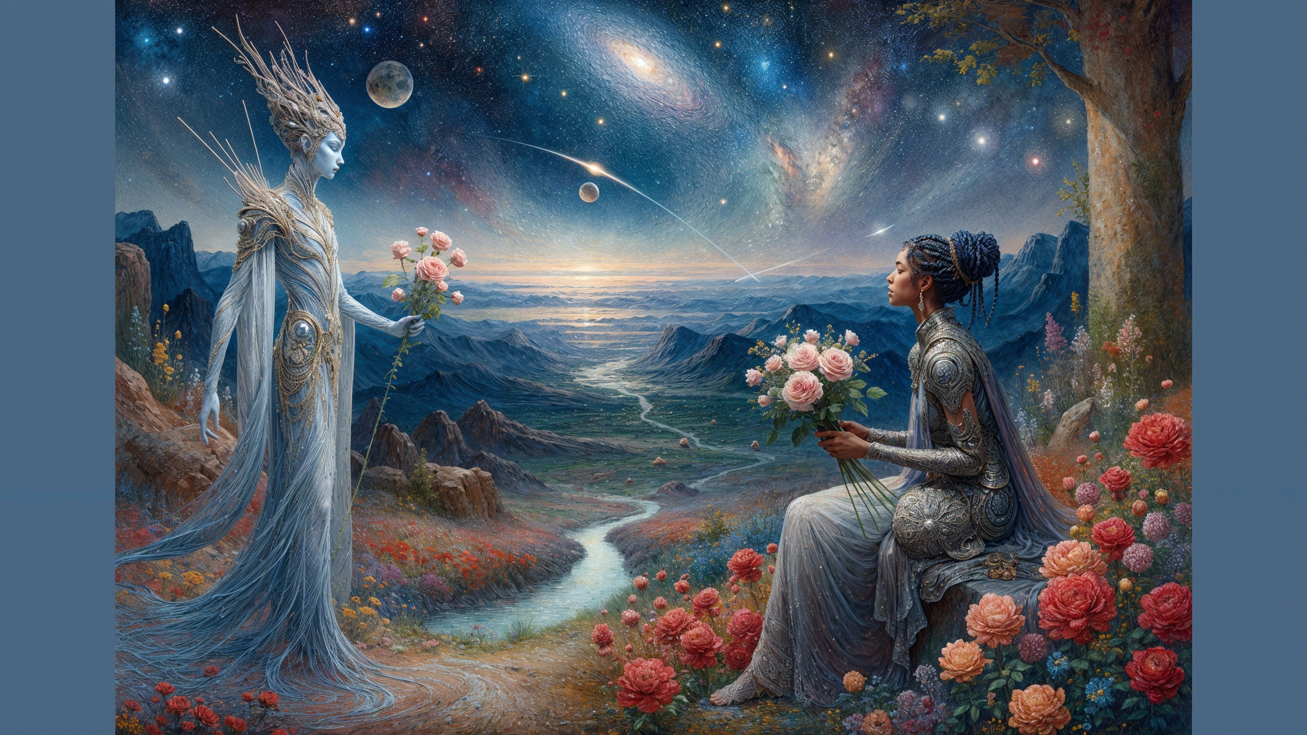 Ethereal Figure in Cosmic Landscape with Flowers and Stars