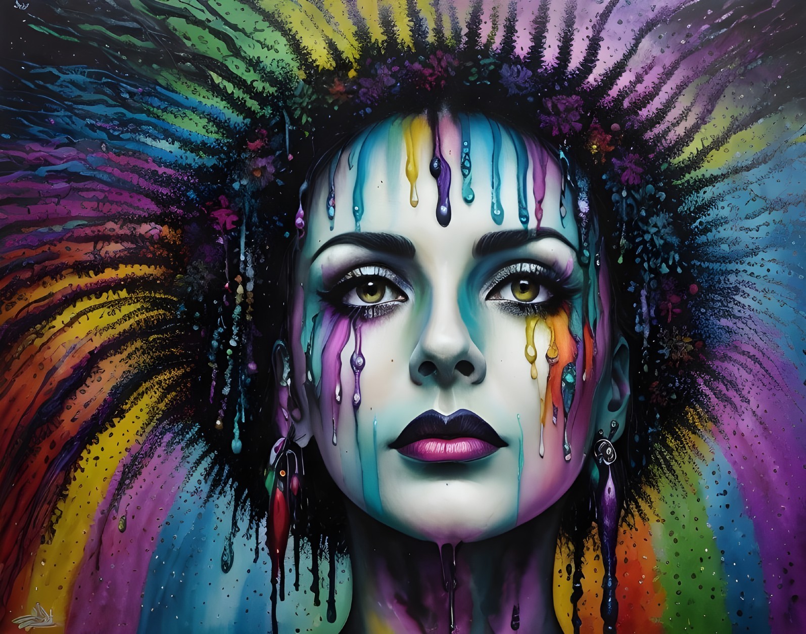 Colorful portrait of woman with dripping paint against rainbow backdrop