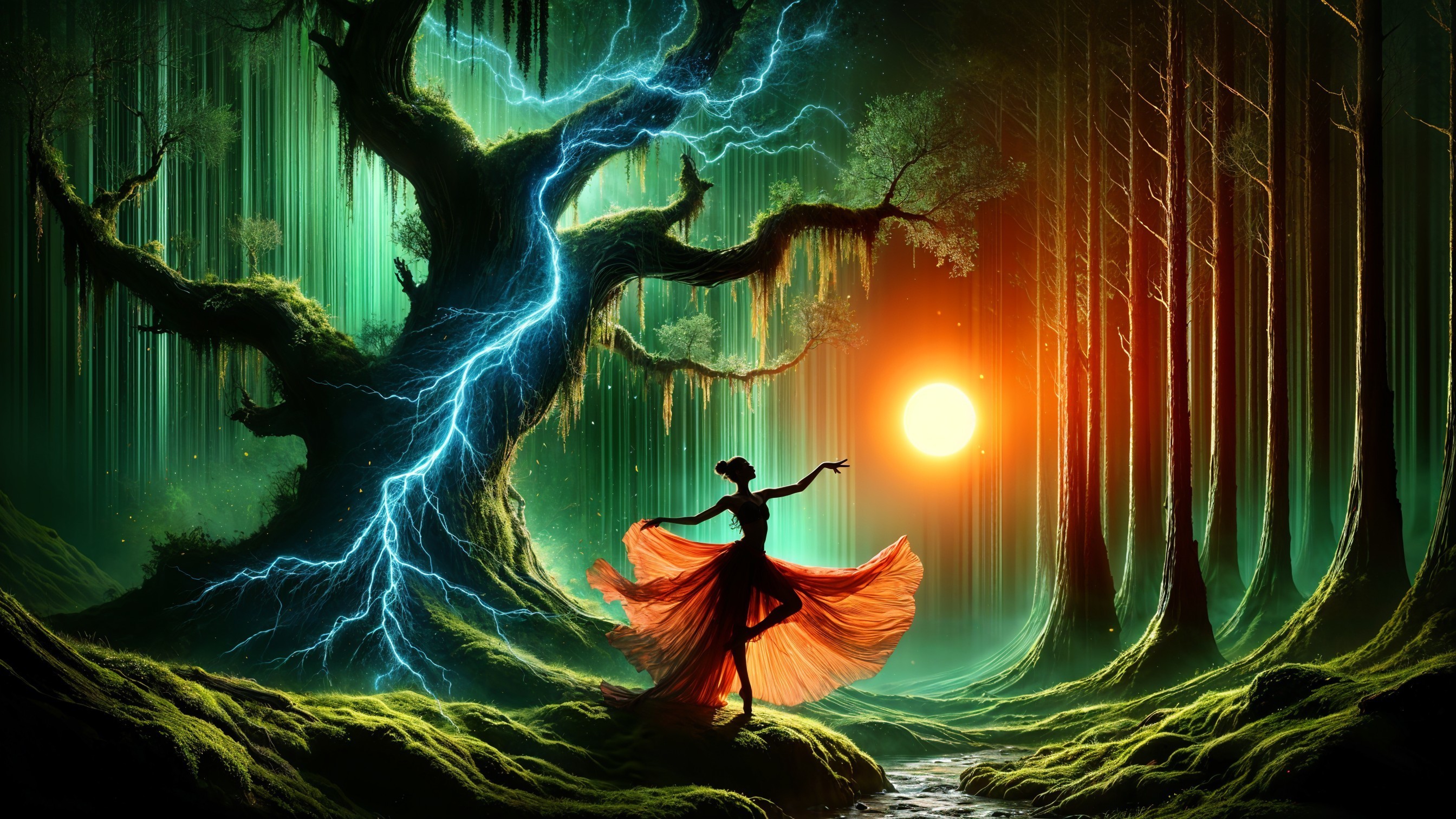 Mystical Forest Scene with Vibrant Colors and Dancer