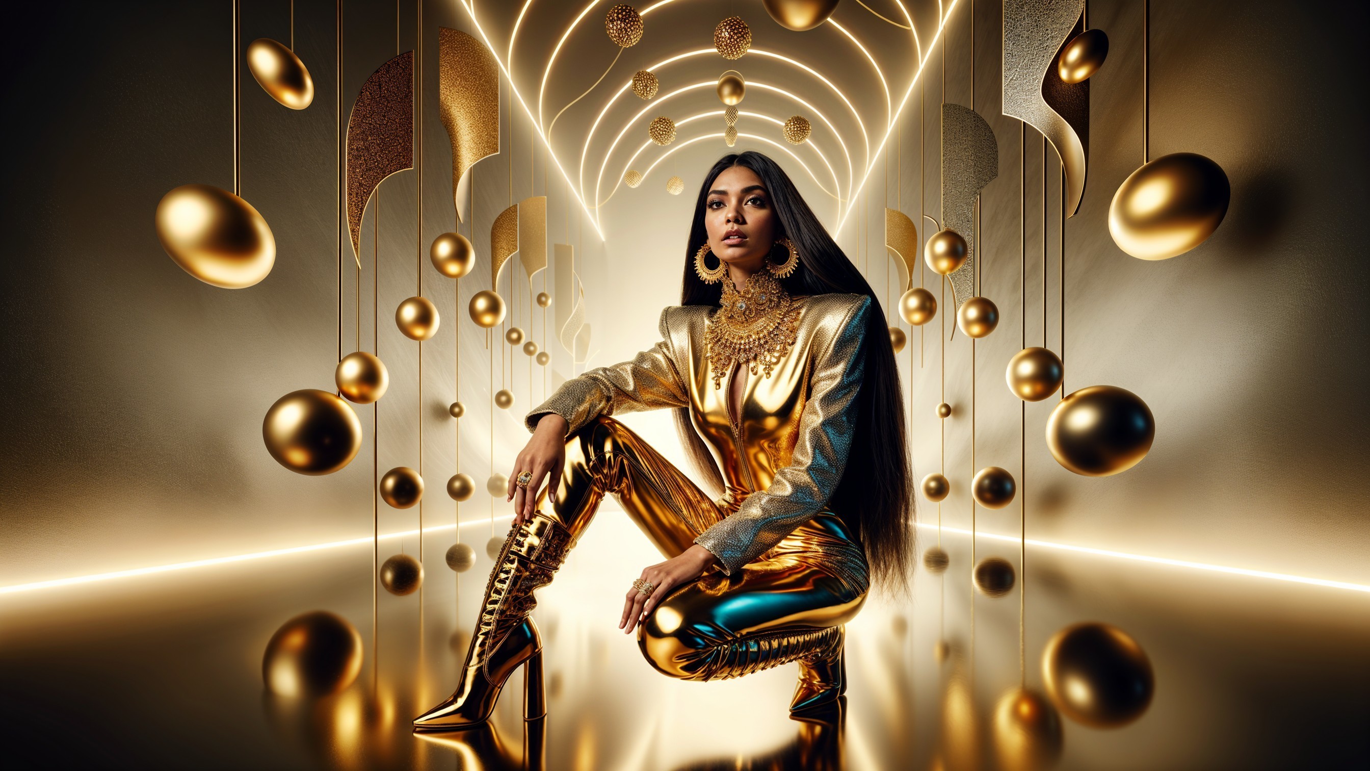 Futuristic Scene with Gold Ensemble and Glossy Spheres