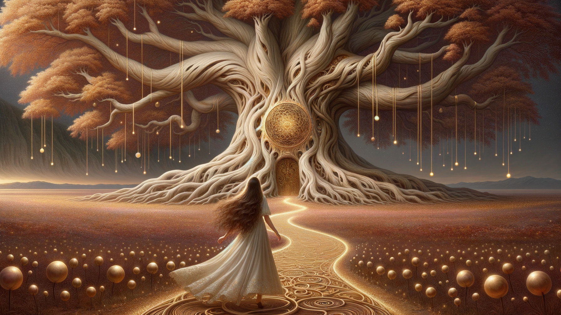 Ancient tree with glowing door in serene landscape