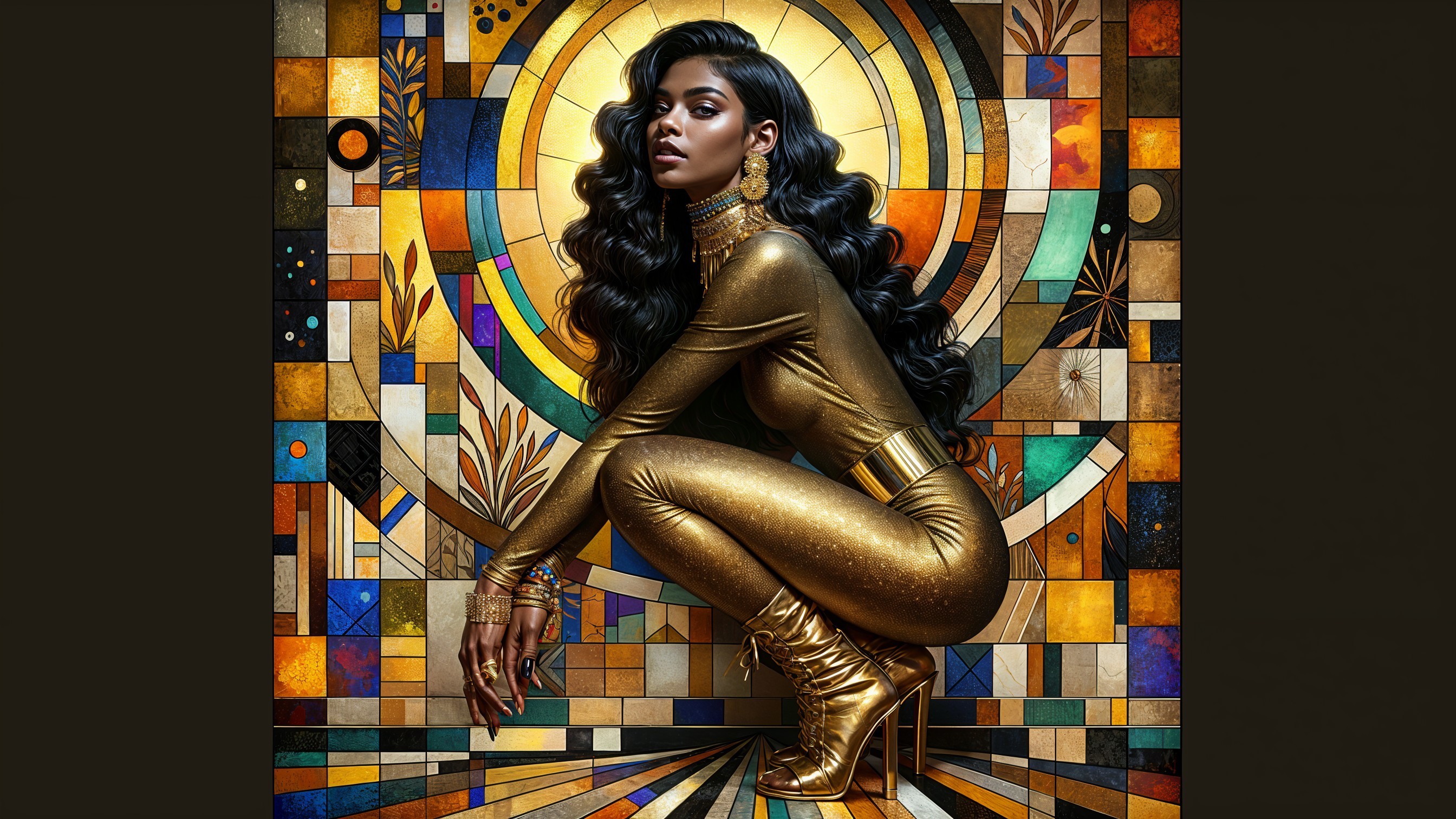 Vibrant Mosaic with Confident Figure in Gold Outfit