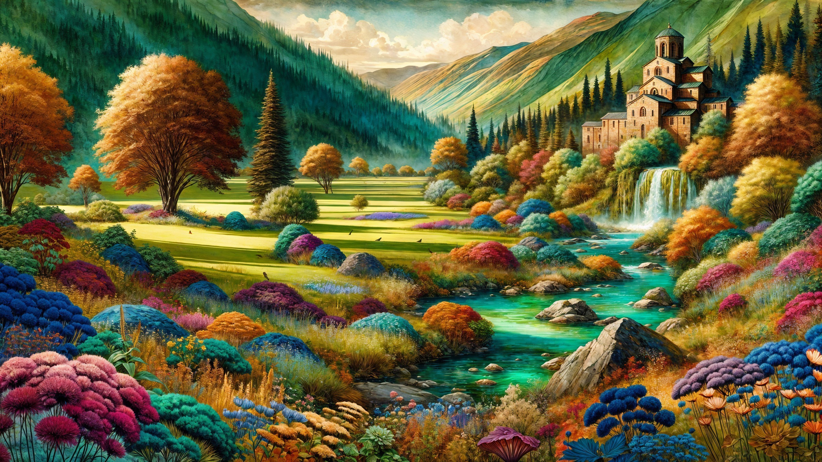 Vibrant Landscape with Hills, River, and Waterfall