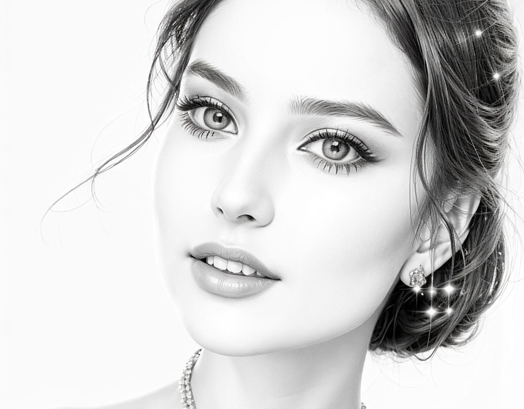 Monochrome portrait of woman with captivating eyes and elegant earrings