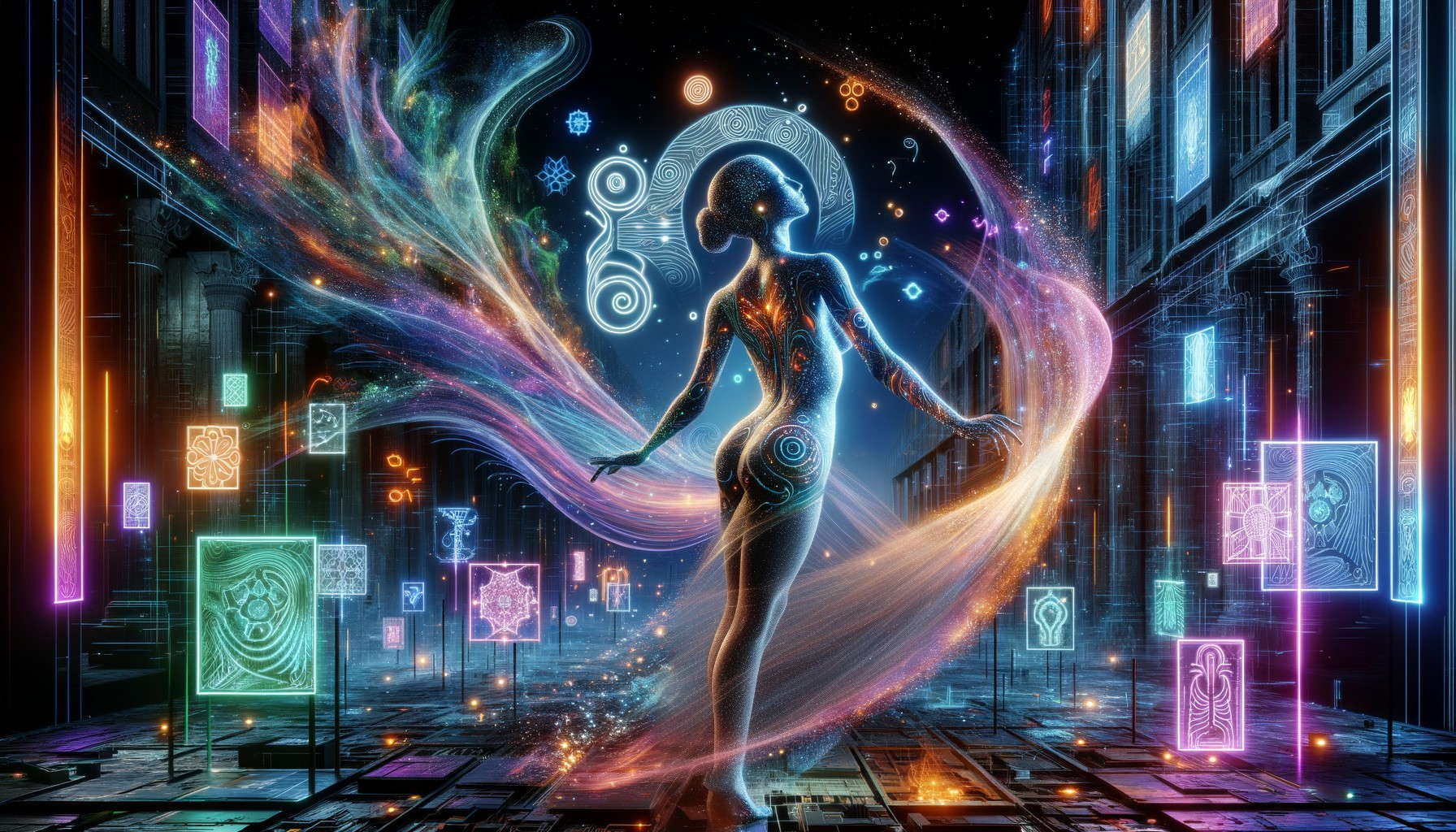 Radiant Figure in Ethereal Landscape with Symbols