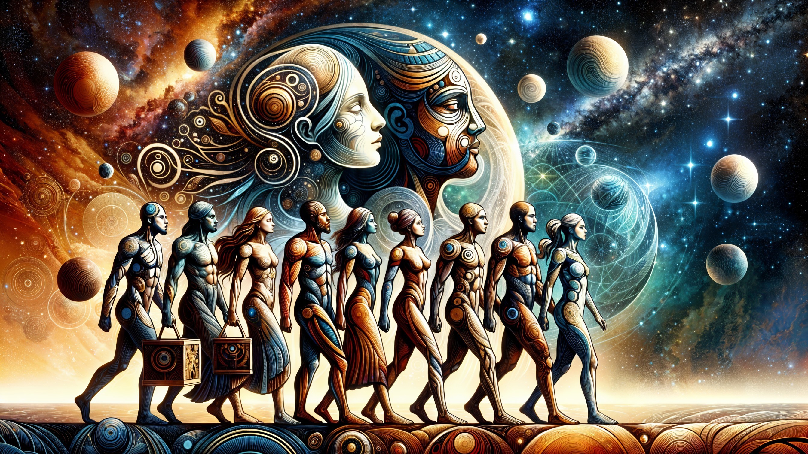 Futuristic humanoid figures in cosmic harmony scene