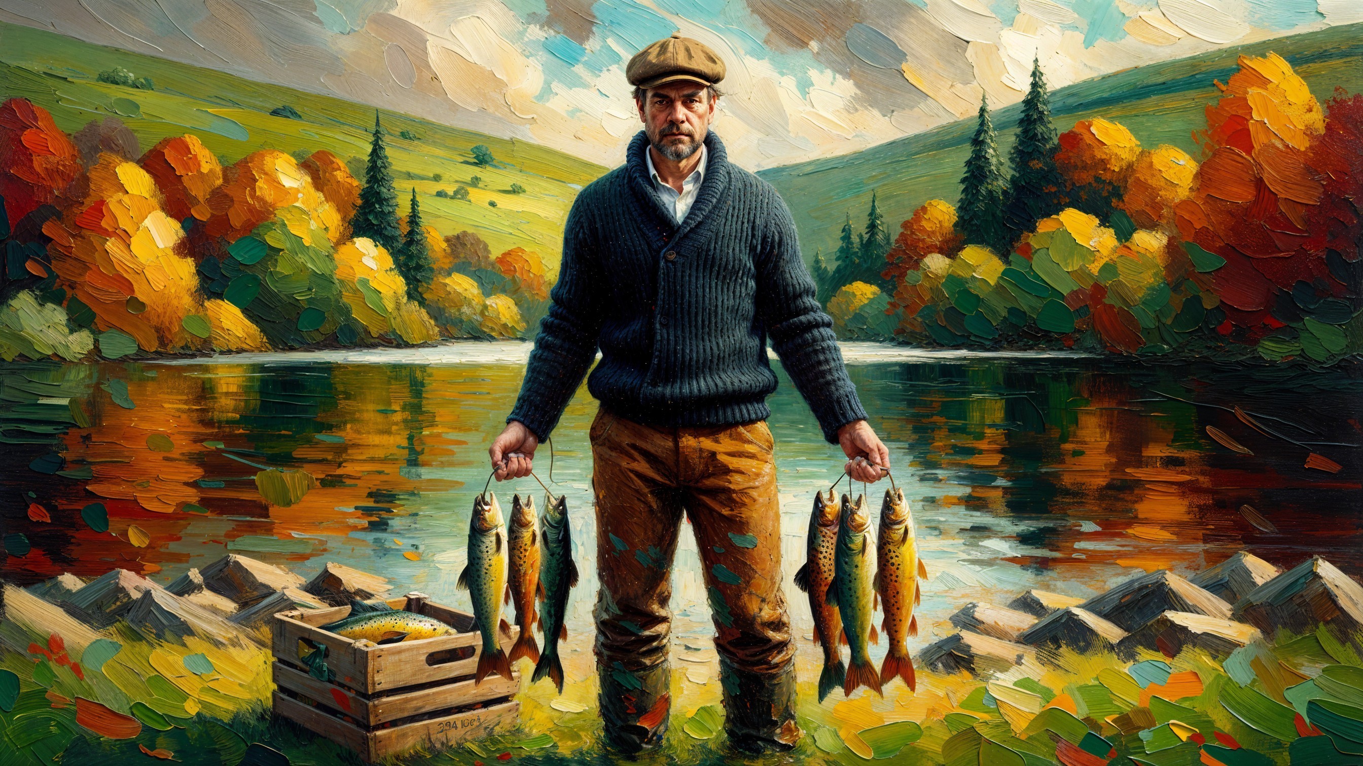 Man with fish by a serene lake in autumn setting