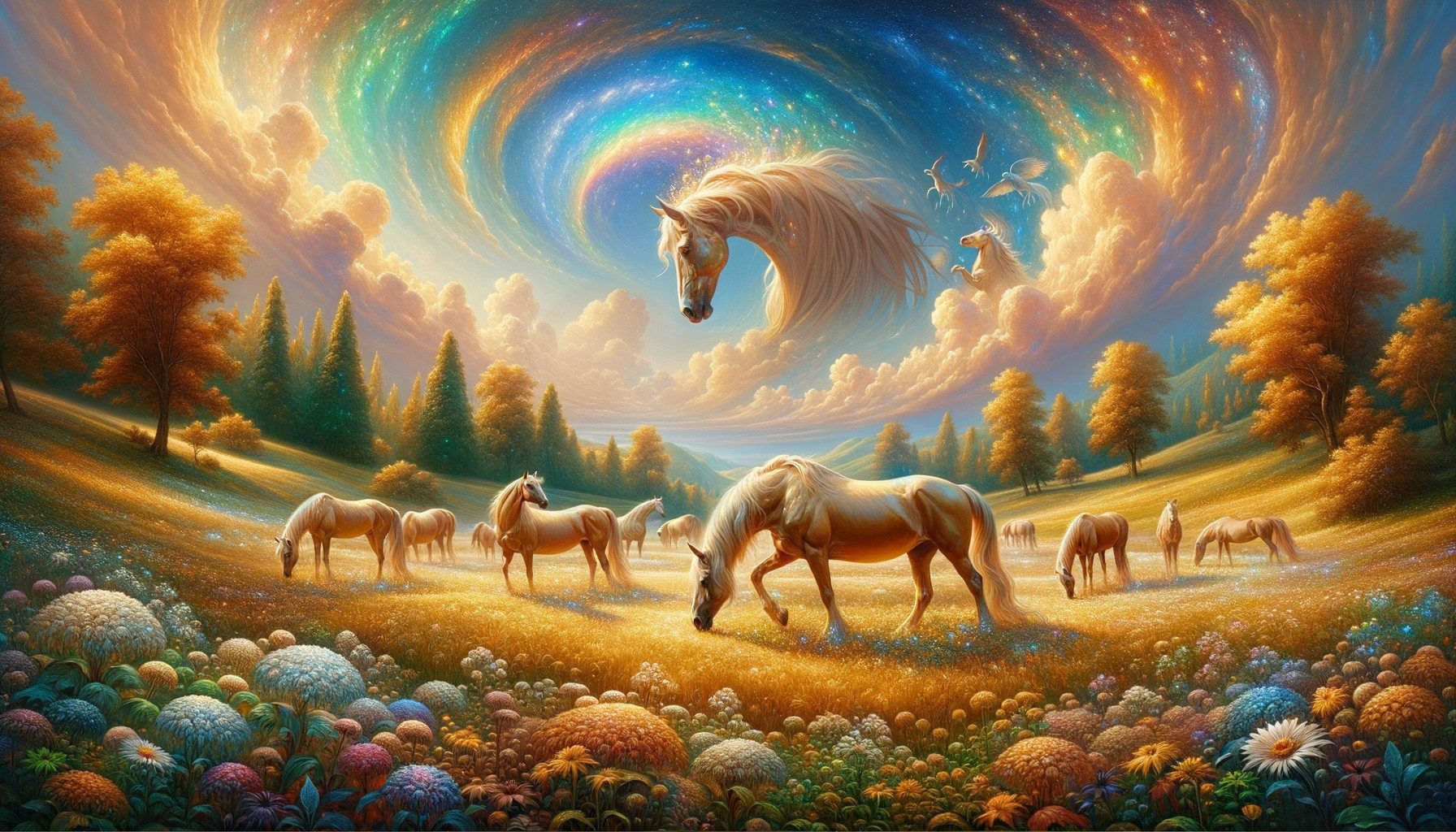 Golden Meadow with Cosmic Sky and Majestic Horses