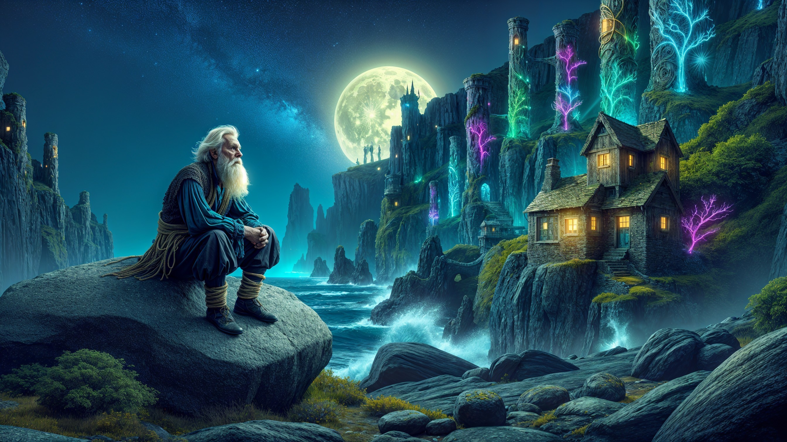 Mystical Coastal Landscape Under Full Moonlight