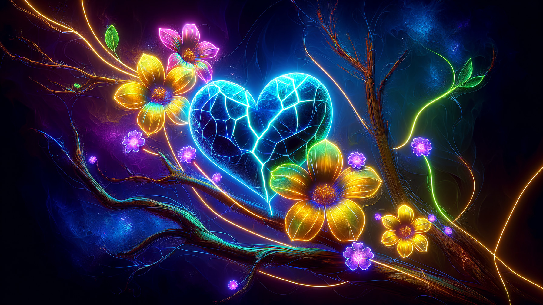 Ethereal Composition with Glowing Heart and Flowers